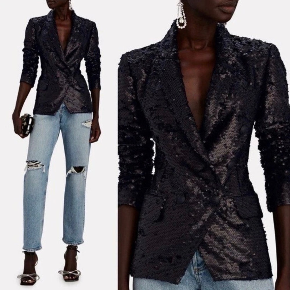 L'Agence Kenzie Double-Breasted Sequin Blazer Black Jacket Size Medium